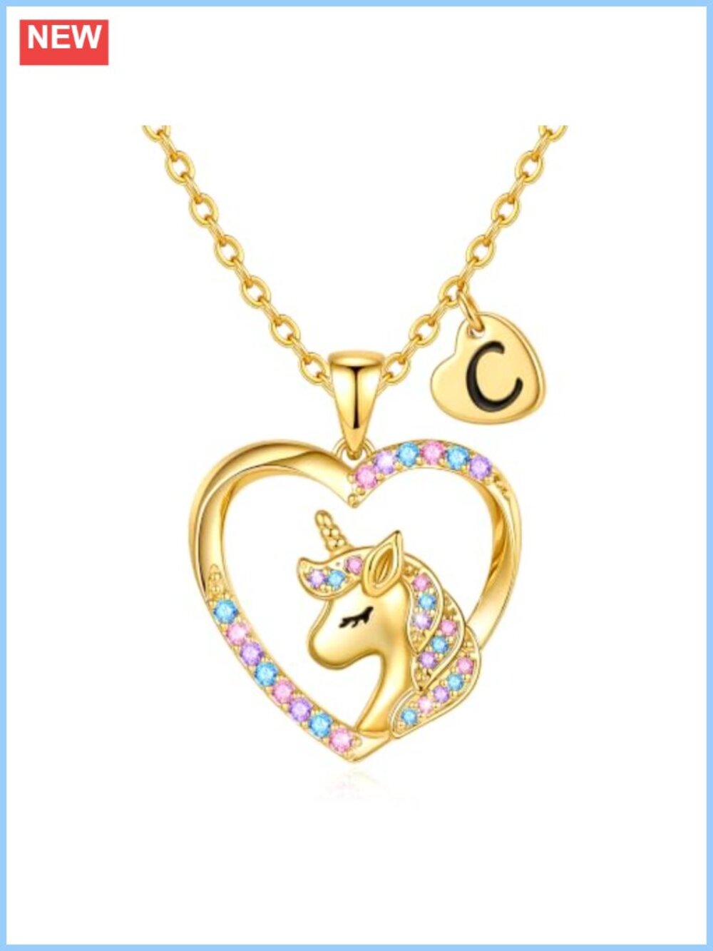 Unicorn Heart Necklace Gold Plated Crystal Adjustable CZ Pendant Gift